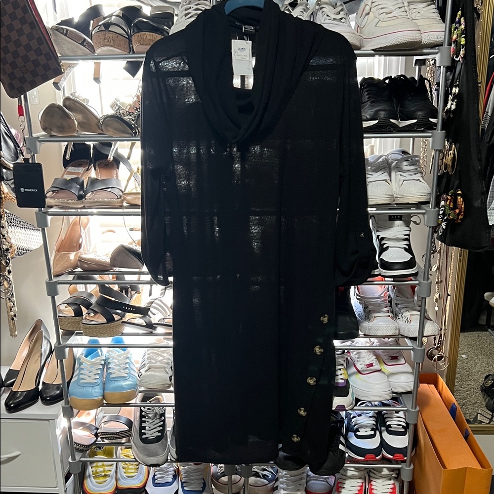 Robert Louis Black Cowl-Neck Midi Dress with Side Button Detail